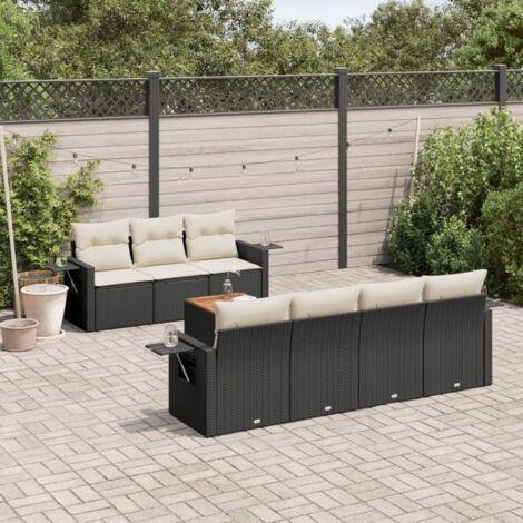 Ensemble Salon Jardin 8 Places Noir Résine Tressée avec Table Acacia et Coussins Crème (1/5)