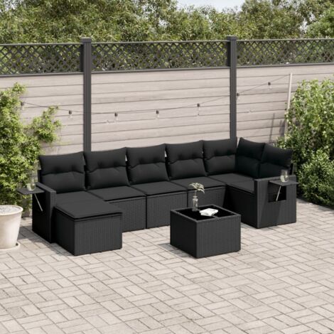 Ensemble jardin 8 places résine tressée noir avec coussins - Salon extérieur modulaire verre trempé, tables d'appoint et repose-pieds (1/5)