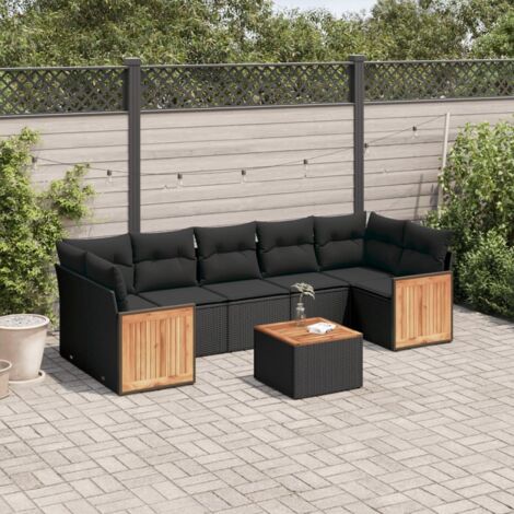 Ensemble Salon Jardin 8 Places Noir Résine Tressée avec Coussins - Meuble Extérieur Modulaire Table Acacia (1/5)