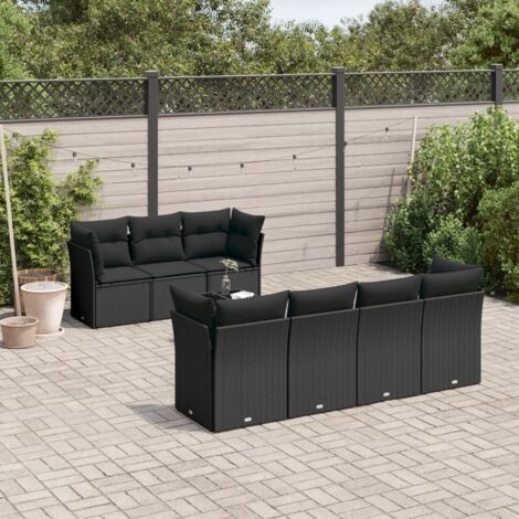 Ensemble salon jardin 8 places noir résine tressée avec table verre et rangement intégré - 7 coussins amovibles lavables (1/3)