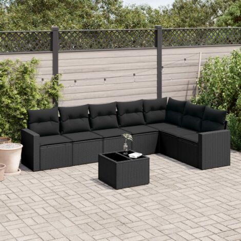 Ensemble de jardin 8 places en résine tressée noire avec table verre trempé et rangements intégrés (1/3)