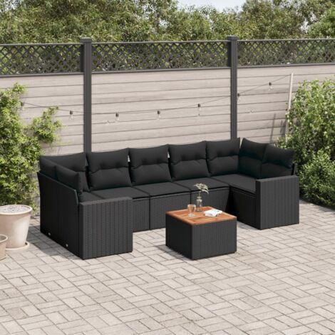 Ensemble Salon Jardin 8 Places Noir Résine Tressée - Canapés Modulaires avec Coussins et Table Acacia (1/3)