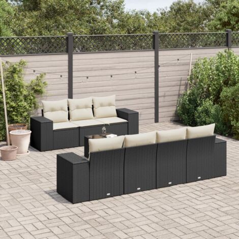 Ensemble Salon Jardin 8 Places Noir Résine Tressée avec Coussins Crème - Table Verre Trempé - Canapés Modulaires (1/5)