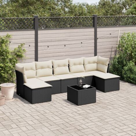 Ensemble de Jardin 8 Places Noir Résine Tressée avec Table Verre Trempé et Coussins Crème - Salon Extérieur Modulaire avec Sièges de Rangement (1/3)