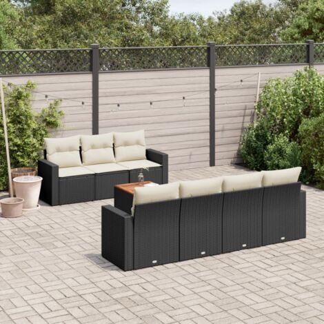 Ensemble Salon Jardin 8 Places Noir Résine Tressée avec Table Acacia et Coussins Crème - Canapés Modulaires (1/3)