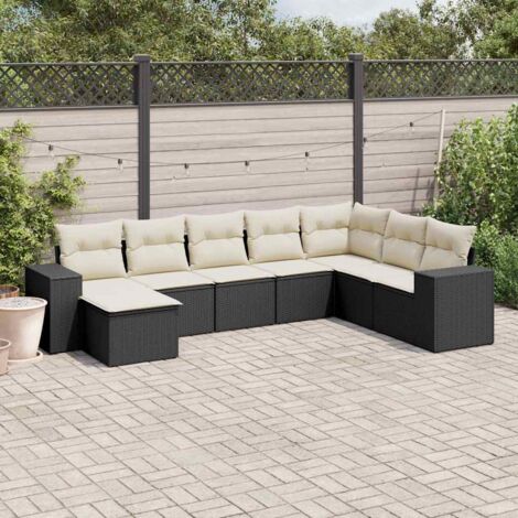 Ensemble Salon Jardin 8 Places Noir Résine Tressée avec Coussins Crème - Meuble Extérieur Modulaire avec Rangement (1/3)