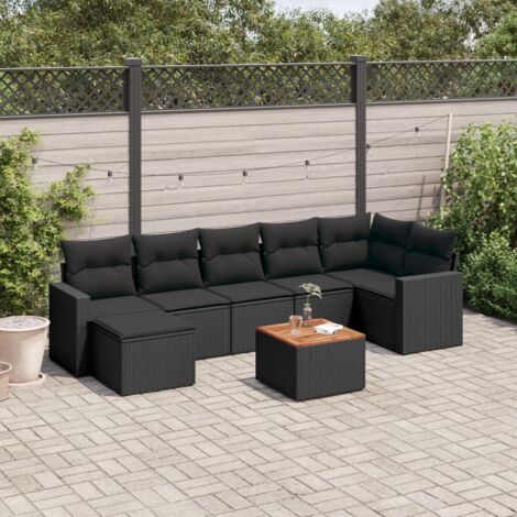 Ensemble Salon Jardin 8 Places Noir Résine Tressée avec Coussins - Table Acacia et Mobilier Modulaire Extérieur (1/3)