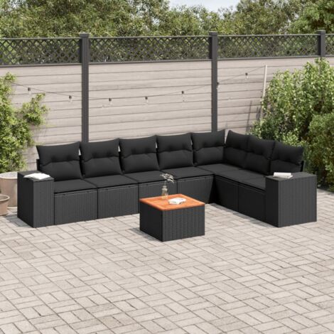 Ensemble Jardin 8 Places Noir Résine Tressée avec Coussins - Salon Extérieur Modulaire Acacia (1/3)