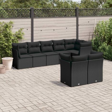 Salon de Jardin 8 Places en Résine Tressée Noire avec Coussins - Ensemble Modulaire Canapé d'Extérieur (1/3)