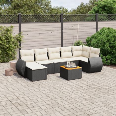 Ensemble Jardin 8 Places Noir Résine Tressée avec Coussins Crème - Salon d'Extérieur Modulaire Table Acacia (1/5)