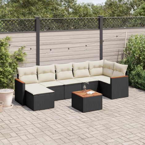 Ensemble de Jardin 8 Places en Résine Tressée Noire avec Coussins Crème - Salon d'Extérieur Modulaire avec Table Acacia (1/5)