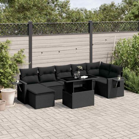 Ensemble Salon Jardin 8 Places Noir Résine Tressée avec Coussins - Table Réglable Hauteur et Mobilier Modulaire (1/5)