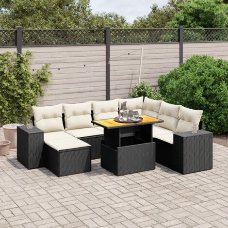 Ensemble jardin 8 places résine tressée noir avec coussins crème - Table extensible acacia et mobilier modulaire (1/4)