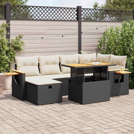 Salon de Jardin 8 Places Résine Tressée Noir avec Table Réglable et Coussins Blancs - Ensemble Canapé d'Extérieur avec Rangement et Repose-Pieds (1/5)