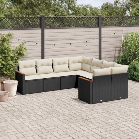 Ensemble Salon Jardin 8 Places Noir Résine Tressée avec Coussins Crème - Mobilier Extérieur Modulaire avec Rangement et Accoudoirs Acacia (1/3)