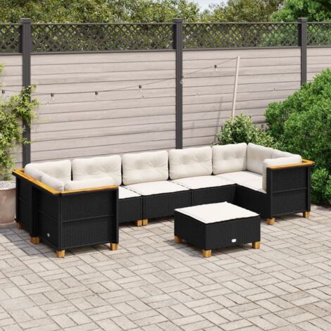 Canapé de Jardin 8 Places en Résine Tressée Noire avec Coussins Crème - Ensemble Salon Extérieur Modulaire Acacia (1/5)