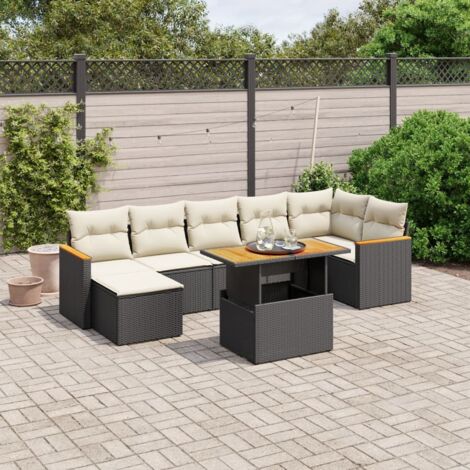 Ensemble Salon Jardin 8 Places Noir Résine Tressée avec Coussins Crème - Table Réglable Hauteur, Meubles Extérieur Modulables (1/3)