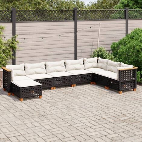 Ensemble Salon Jardin 8 Places Résine Tressée Noir avec Coussins Crème - Canapé d'Angle Modulaire (1/5)