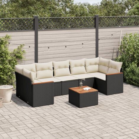 Ensemble jardin 8 places noir résine tressée avec coussins crème - Salon d'extérieur modulaire 7 sièges + table acacia (1/5)