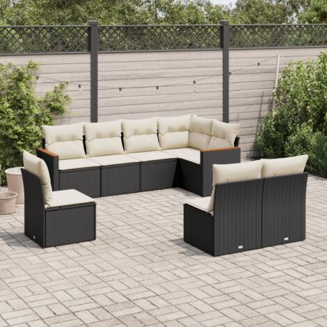 Ensemble Salon Jardin 8 Places Résine Tressée Noir avec Coussins Crème - Mobilier Extérieur Modulaire avec Rangement (1/5)