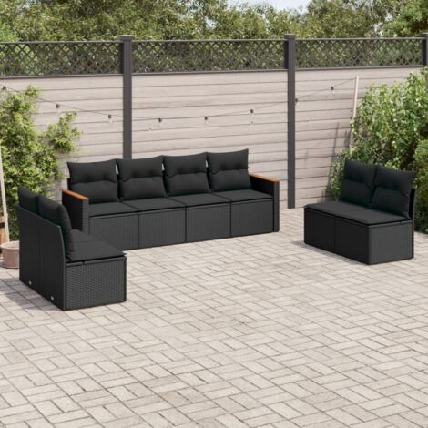 Ensemble Salon Jardin 8 Places Résine Tressée Noir avec Coussins - 6 Sièges Centraux + 2 Canapés Accoudoirs, Housses Lavables (1/5)