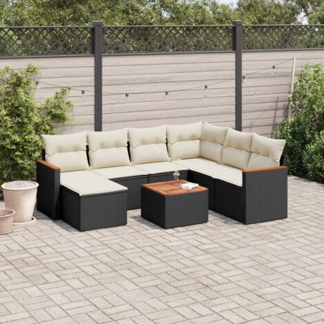 Ensemble Salon Jardin 8 Places Noir Résine Tressée avec Coussins Crème - Table Acacia et Sièges Modulaires (1/3)
