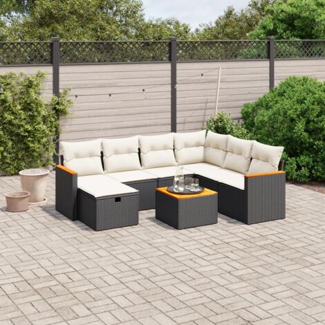 Ensemble Jardin 8 Places Noir Résine Tressée avec Coussins Crème - Salon d'Extérieur Modulaire Table Acacia (1/4)