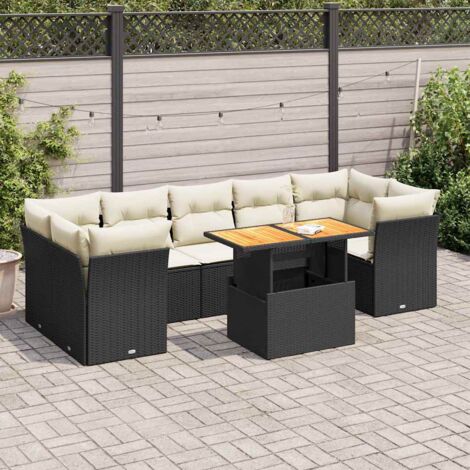 Ensemble de jardin 8 places en résine tressée noire avec table extensible et rangements intégrés - Salon extérieur modulaire avec coussins crème (1/5)