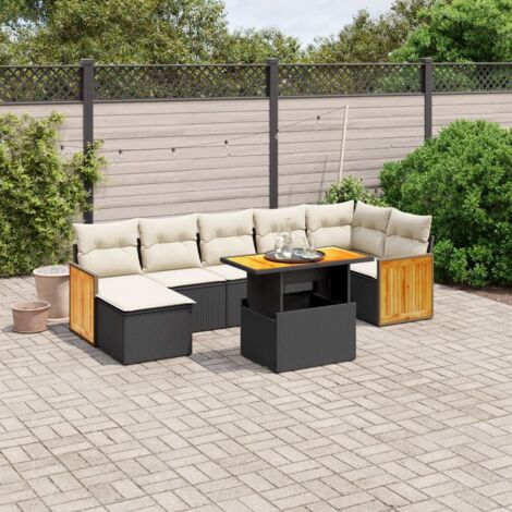 Ensemble Jardin 8 Places Noir Résine Tressée avec Coussins Crème - Table Réglable Hauteur, Meuble Extérieur Modulaire Polyrotin (1/3)