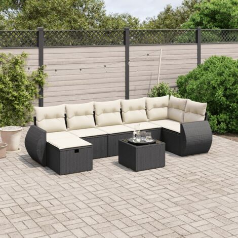 Ensemble Jardin 8 Places Noir Résine Tressée avec Coussins Crème - Salon Extérieur Modulaire Table Verre Trempé (1/4)