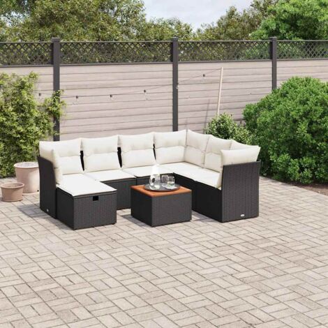 Salon de Jardin 8 Places Noir Résine Tressée avec Table Acacia et Coussins Crème - Ensemble Modulaire Jardin (1/4)