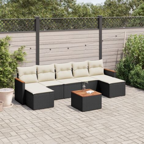 Ensemble Jardin 8 Places Noir Résine Tressée avec Coussins Crème - Salon d'Extérieur Modulaire avec Table Acacia et Fonction Rangement (1/3)