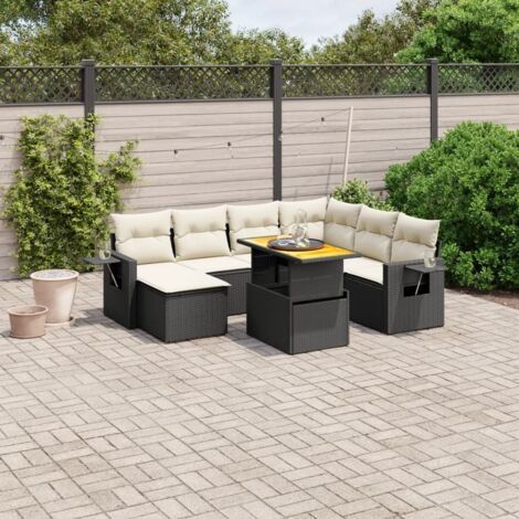 Ensemble de Jardin 8 Places en Résine Tressée Noire avec Table Réglable et Coussins Crème - Salon d'Extérieur Modulaire (1/3)