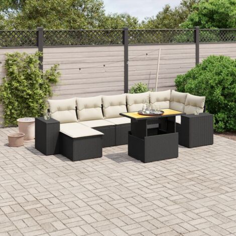 Ensemble Salon Jardin 8 Places Noir Résine Tressée avec Coussins Crème - Table Réglable et Mobilier Modulaire (1/3)
