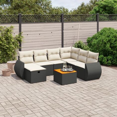 Ensemble Jardin 8 Places Noir Résine Tressée avec Coussins Crème - Salon Extérieur Modulaire Acacia (1/4)