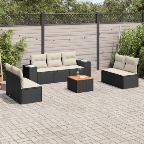 Ensemble Jardin 8 Places Noir Résine Tressée avec Coussins Crème - Salon Extérieur Modulaire avec Table Acacia et Rangement Intégré (1/3)