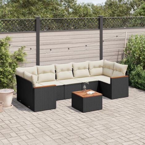 Ensemble Jardin 8 Places Noir Résine Tressée avec Coussins Crème - Salon Extérieur Modulaire Acacia Stockage Intégré (1/3)