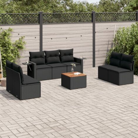 Ensemble de jardin 8 places en résine tressée noire avec coussins et table en acacia - Meuble extérieur modulaire avec rangement intégré (1/3)