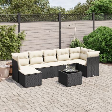 Ensemble de Jardin 8 Places en Résine Tressée Noir avec Table Verre Trempé et Coussins Crème - Salon Extérieur Modulaire (1/4)