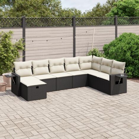 Ensemble de jardin 8 places en résine tressée noir avec coussins crème - Salon extérieur modulaire canapé d'angle et repose-pieds (1/4)
