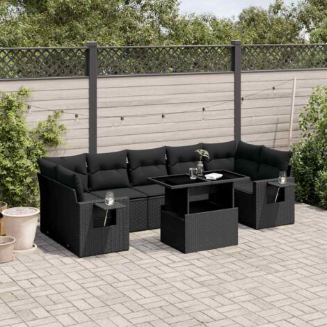 Ensemble Salon Jardin 8 Places Noir Résine Tressée avec Coussins - Table Réglable Hauteur, Mobilier Extérieur Modulaire (1/5)