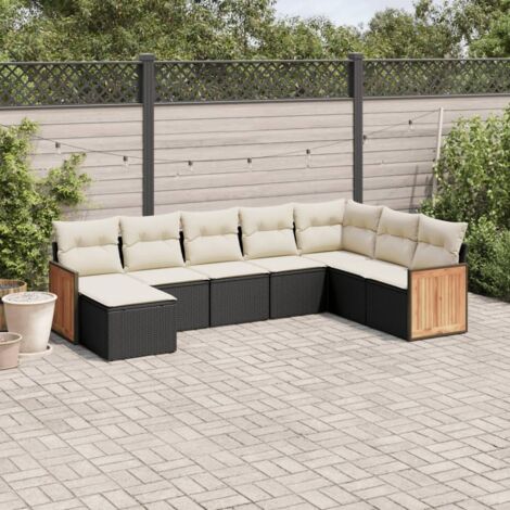 Ensemble Salon Jardin 8 Places Noir Résine Tressée avec Coussins Crème - Mobilier Extérieur Modulaire avec Rangement (1/3)