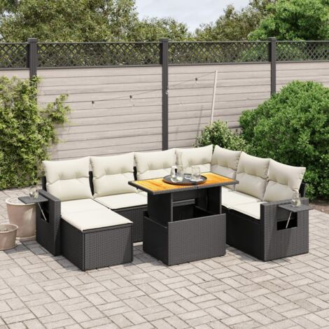 Ensemble de jardin 8 places en résine tressée noir avec coussins crème - Table extensible acacia et mobilier modulaire (1/4)