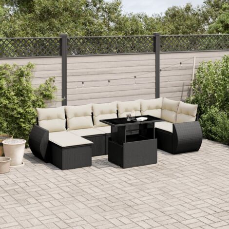 Ensemble de jardin 8 places en résine tressée noire avec table extensible et coussins crème - Salon extérieur modulaire (1/5)