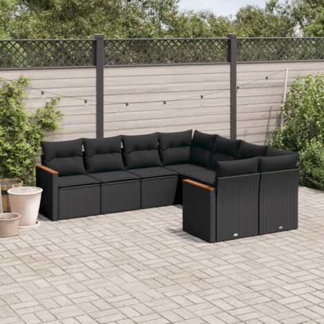 Ensemble Salon Jardin 8 Places Noir Résine Tressée avec Coussins et Rangement Modulaire (1/3)
