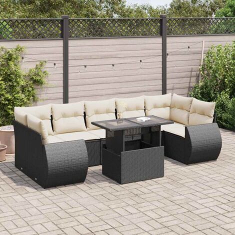 Ensemble Salon Jardin 8 Places Résine Tressée Noir avec Coussins Crème - Table Réglable et Rangement Intégré (1/5)