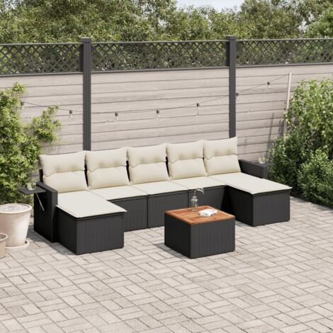 Ensemble Jardin 8 Places Résine Tressée Noir avec Table Acacia et Coussins Crème - Stockage Intégré (1/3)