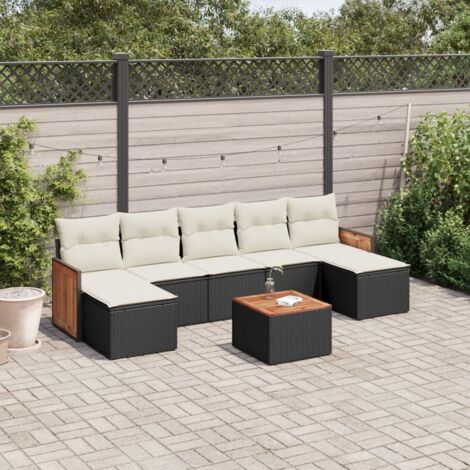 Ensemble Jardin 8 Places Noir Résine Tressée avec Coussins Crème - Salon Extérieur Modulaire Acacia (1/3)