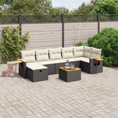 Ensemble jardin 8 places résine tressée noir avec coussins crème - Salon extérieur modulaire acacia (1/4)