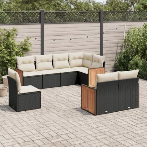 Ensemble Salon Jardin 8 Places Noir Résine Tressée avec Coussins Crème - Meuble Extérieur Modulaire avec Rangement et Housse Lavable (1/3)